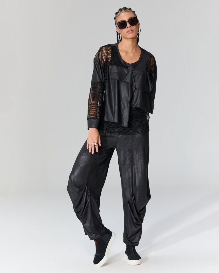 Önü file detaylı deri bluz