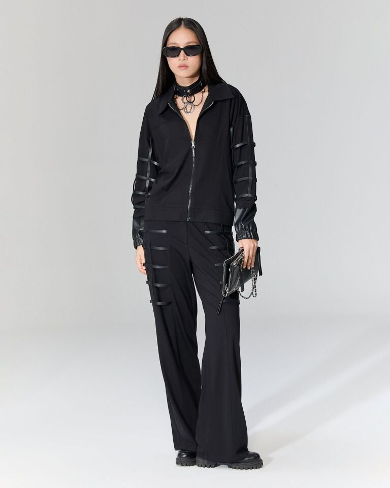 Deri şerit detaylı önü fermuarlı üst ceket