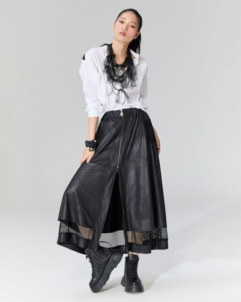 Önü Fermuarlı Deri File  Detaylı Etek