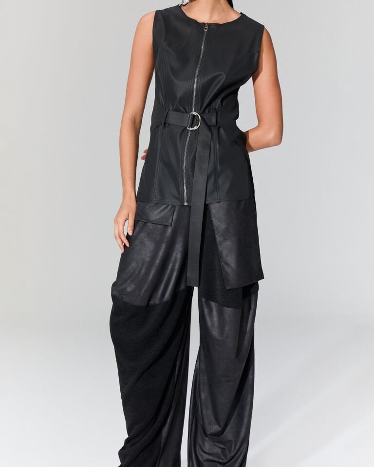 Deri Detaylı Triko Pantolon